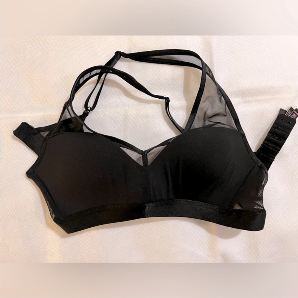 Victoria secret black padded bra cross cross straps sheer black strap solid 34b